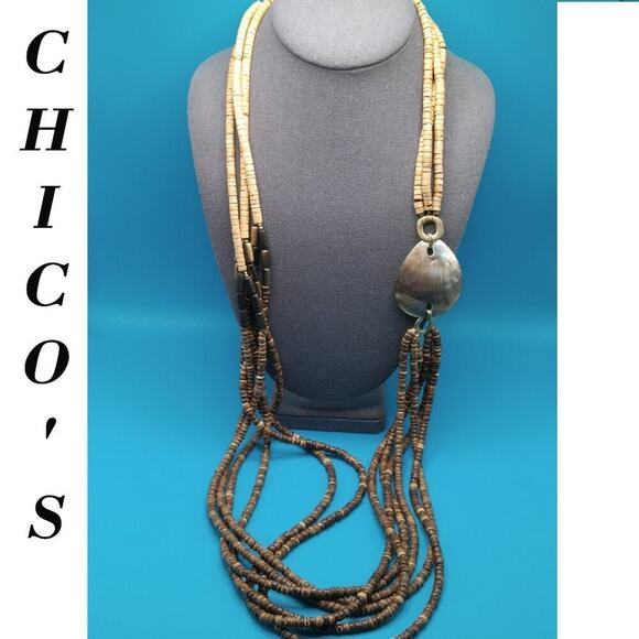 Chico's Natural Bead Long Necklace, Abalone Shell Side Pendant, Brown Beige, 43" - Picture 1 of 8